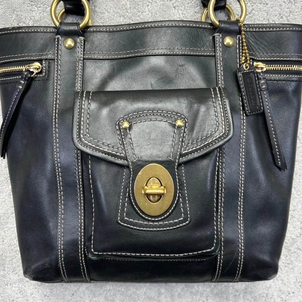 Y2k Coach Gigi Tote Bag Black Leather Brass Hardware Turnlock Top Handle